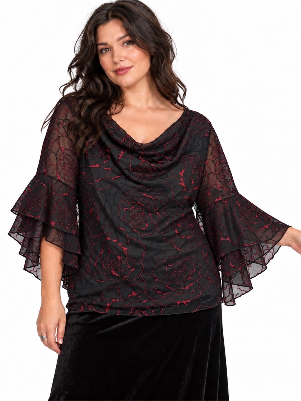 Standard USA Vintage 90s Black Red Rose Mesh Cowl Neck Bell Sleeve Top XL
